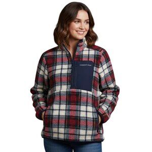 Vineyard Vines Red/Navy Blue Plaid Sherpa Fleece Half Zip Pullover Sweater XS